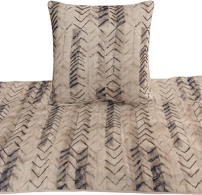 The HomeCentric King Queen Twin Grey Decorative Full 68"x18" Bed Runner with 2 Pillow Cover, Tie & Dye Beaded Bed Scarf on Cotton Fabric - Tie Dye Chevy