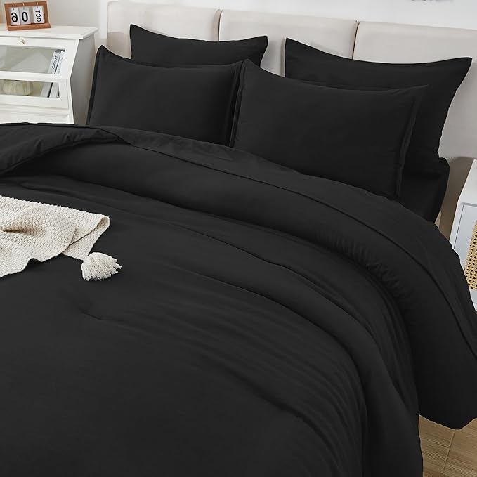 Litanika Twin Comforter Sets Black - 5 Pieces Bed in a Bag Beddding Sets, Solid Lightweight Bed Set with Comforter, Sheets, Pillowcase & Sham