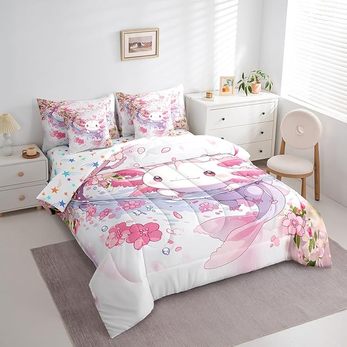 Feelyou Boys Girls Cute Axolotl 7 Pieces Bedding Sets King Size, Ocean Sealife Bed in A Bag Kawaii Comforter Set with Sheets Kids Cartoon Salamander Teens Bed Set Room Decor