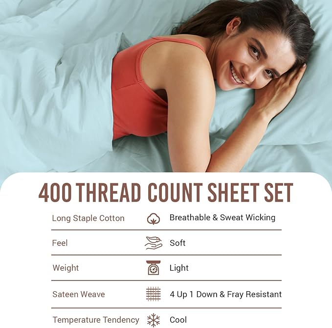 Pizuna Pure 100% Cotton Sheet Set Twin, Luxurious 400 Thread Count Long Staple Cotton Sateen Sheets Twin with 15" Deep Pocket (Baby Blue)