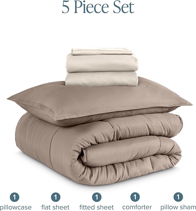 Bare Home Bed-in-A-Bag 5 Piece Comforter & Sheet Set - Twin - Goose Down Alternative - Ultra-Soft 1800 Premium Bed Set (Twin, Taupe/Sand)