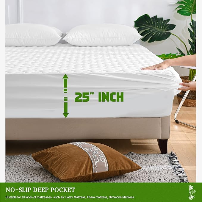 UNILIBRA California King Mattress Pad Waterproof Rayon Made from Bamboo, Fitted Deep Pocket Mattress Cover fits 6''-25'', Breathable Quilted Mattress Protector, White