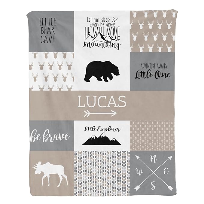 Personalized Baby Blanket for Boys Super Soft Double Layer with Dotted Backing, Lovely Woodland Animal Design Blanket for Toddler Newborn, Polyester, Mocha Meringue, 35 x 45 Inch