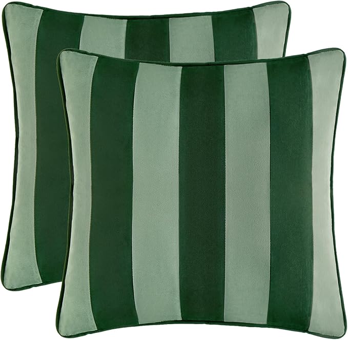 MONDAY MOOSE Decorative Throw Pillow Covers Cushion Cases, Set of 2 Soft Velvet Striped Piping Edge Designs, Pillow Inserts Not Included (20x20 inch, Green/Light Green)