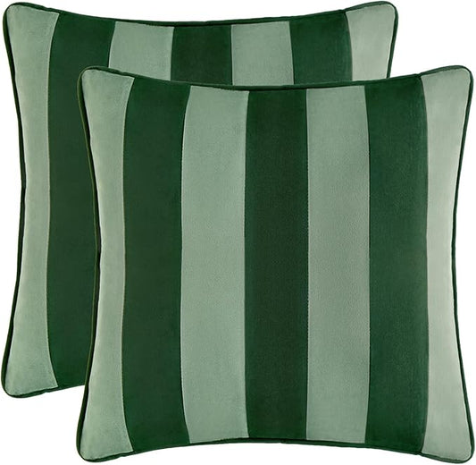 MONDAY MOOSE Decorative Throw Pillow Covers Cushion Cases, Set of 2 Soft Velvet Striped Piping Edge Designs, Pillow Inserts Not Included (16x16 inch, Green/Light Green)