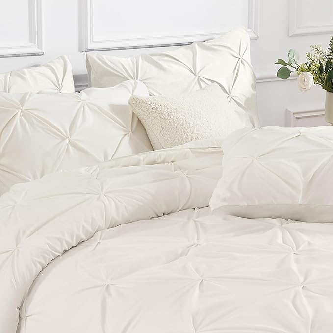 Andency Ivory Pinch Pleat Comforter Twin(66x90Inch), 2 Pieces(1 Down Alternative Comforter and 1 Pillowcase) Ivory Bed Set Microfiber Pintuck Bedding Set
