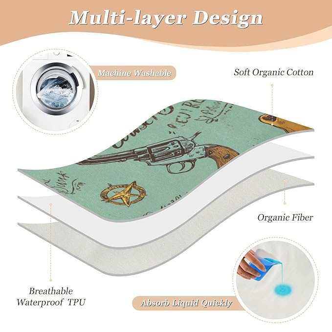 Waterproof Bed Pad Reusable Changing Pad Toddler Mattress Protector Large Pee Pad Baby Diaper Pad Soft Washable Liner Western Hippie Cow Skull Mint Green