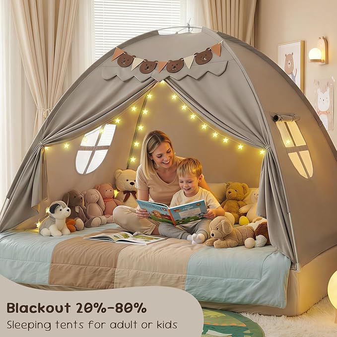 Full Bed Tent, Bunk Bed Tent Canopy with Stars Light & Flags, Breathable Sleeping Drafty, Privacy Space Dream Playhouse for Indoor Floor, Birthday Gifts, Grey