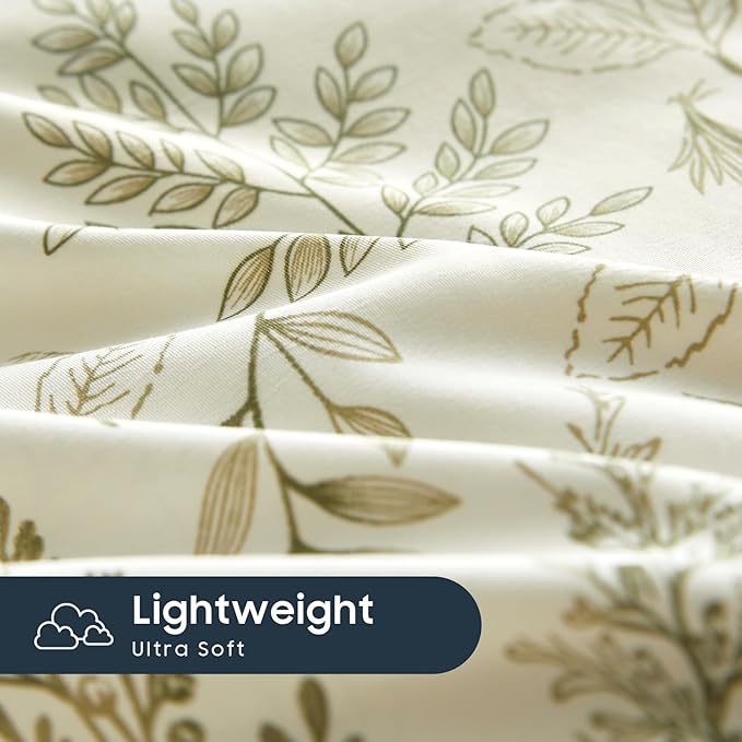 Wake In Cloud - Floral Duvet Cover Set, Botanical Vintage Flower Coquette Cottagecore Aesthetic for Women Teen Girls, Soft Lightweight Bedding, 3-Piece, Olive Green, Queen Size