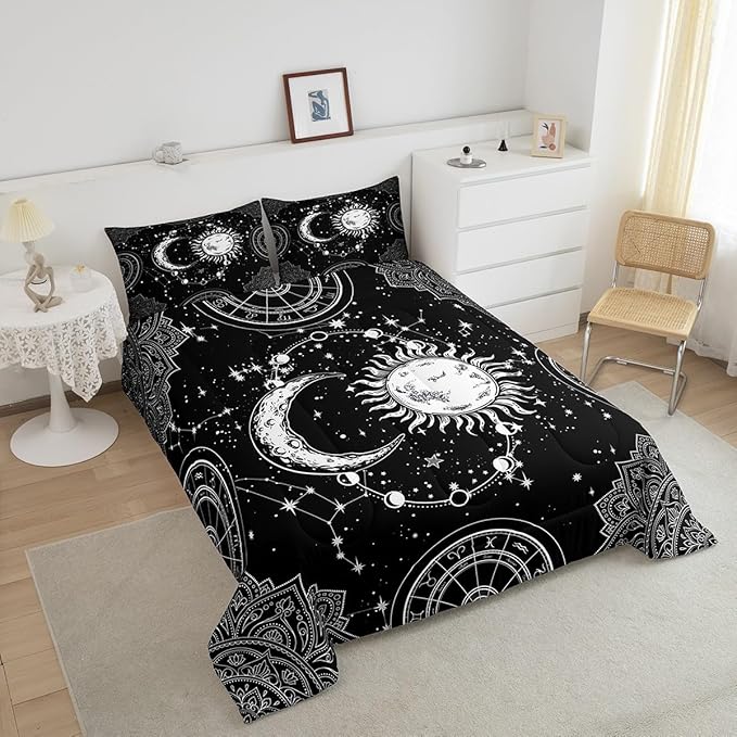Sun and Moon Bedding Set Constellation Galaxy Comforter Set for Kids Boys Girls Teens Psychedelic Boho Mandala Comforter Breathable Celestial Duvet Set Black White Room Decor Quilt Cover King Size