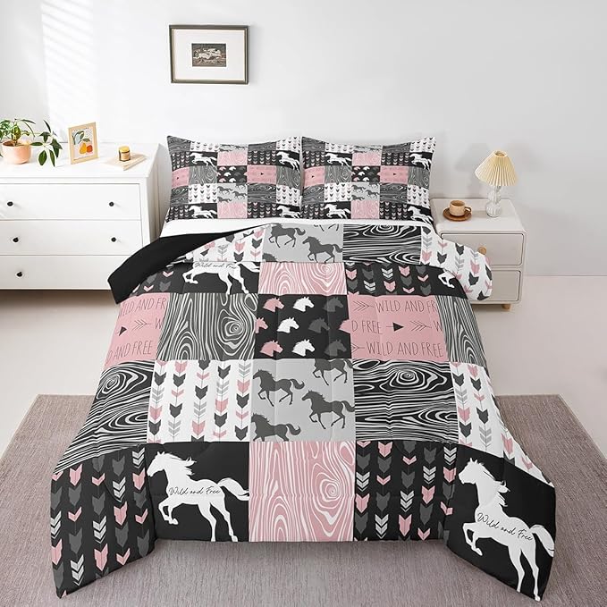 Girls Unicorn Comforter Queen Girly White Horse Bedding Western Cowboy Cowgirls Quilt Patchwork Buffalo Plaid Duvet Insert Arrow Stripes Wild Animal Soft Down Comforter 3Pcs Bedroom Decor,Pink Black