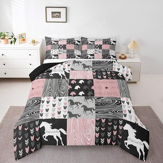 Girls Unicorn Comforter Queen Girly White Horse Bedding Western Cowboy Cowgirls Quilt Patchwork Buffalo Plaid Duvet Insert Arrow Stripes Wild Animal Soft Down Comforter 3Pcs Bedroom Decor,Pink Black