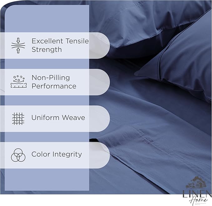 Linen Home 100% Cotton Percale Sheet Set, King Size, Dark Blue, Deep Pocket, 6 Pieces Set - 1 Flat, 1 Deep Pocket Fitted Sheet and 4 Pillowcases, Crisp Cool and Strong Bed Linen
