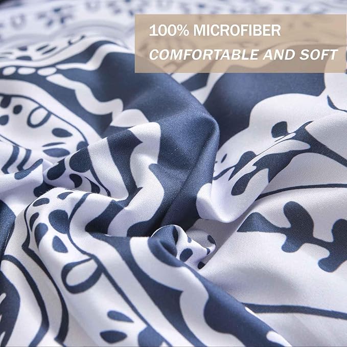 Nanko Boho Duvet Cover Set King Size, Navy Blue White Floral Damask Print Pattern, Soft Microfiber Reversible Comforter Bedding Cover Zip Ties - Vintage Bohemian Farmhouse for Women Men, 3 Pcs 104 x90