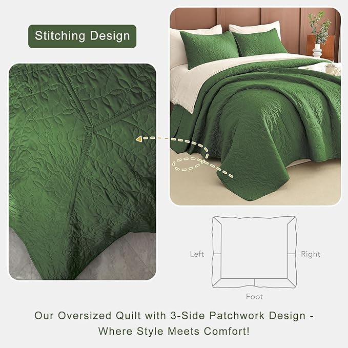 Lady Ann Olive Green Oversized King Bedspread 128x120, 3 Pcs Leaves Pattern Printed Oversized King Quilt Set for Extra Large Bed, Lightweight & Soft Farmhouse Bedspreads & Coverlets