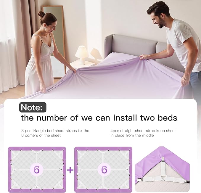 EasYoung 12PCS Bed Sheet Straps, Secure & Adjustable Fitted Sheet Holders for Full, Queen, King & More, Heavy Duty Nylon & Metal Clips