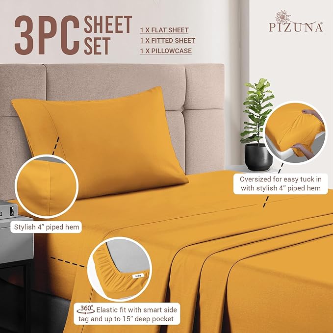 Pizuna Pure 100% Cotton Sheet Set Twin, Luxurious 400 Thread Count Long Staple Cotton Sateen Sheets Twin with 15" Deep Pocket (Honey Gold)