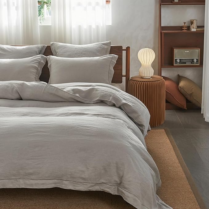 Simple&Opulence 100% Washed Linen Duvet Cover with Embroidered,3 Pieces Soft Farmhouse Comforter Set with Button Closure,1 Duvet Cover and 2 Pillowshams(King,Light Grey)