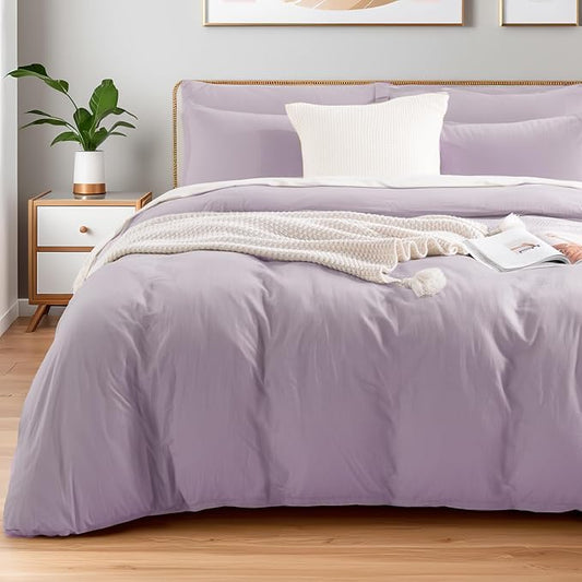 NEXHOME PRO Duvet Cover Set King Size Linen Feel Textured Organic Natural 100% Washed Cotton Duvet Cover Purple Lavender Lilac 3 Pieces Bedding Set with Zipper Closure, Breathable (No Comforter)
