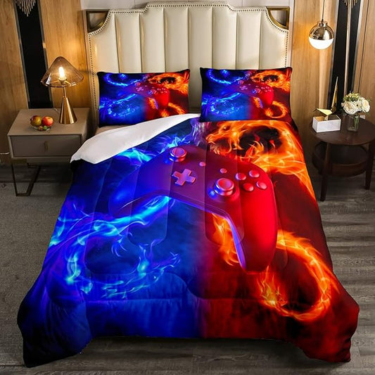 Ice Fire Dragon Comforter Set for Boys Teens Kids Gamer Games Room Decor Bedding Set Blue Red Gaming Gamepad Down Comforter ,Fairy Tale Animals Theme Room Decor 3Pcs Duvet Insert Full Size,Soft