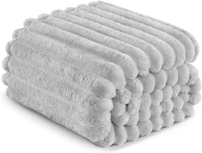 Exclusivo Mezcla Queen Size Flannel Fleece Blanket, Super Soft Striped Jacquard Bed Blanket, Lightweight Fuzzy Cozy for All Seasons, 90x90 Inches, Light Grey