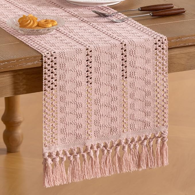 Socomi Boho Table Runner Valentine's Day Farmhouse Rustic Dining Kitchen Centerpiece Decor Small Macrame Woven Cotton Linen Coffee Table Runner for Dresser Scarf Home Decor 12x36 in Pink