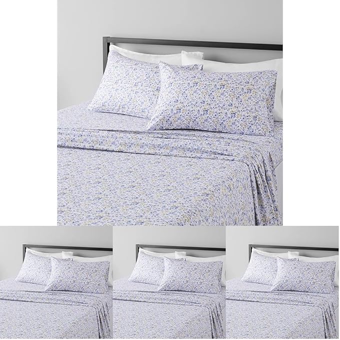 Amazon Basics Lightweight Super Soft Easy Care Microfiber 4 Piece Bed Sheet Set with 14-inch Deep Pockets,Queen,Blue Floral,Printed,(Pack of 4)