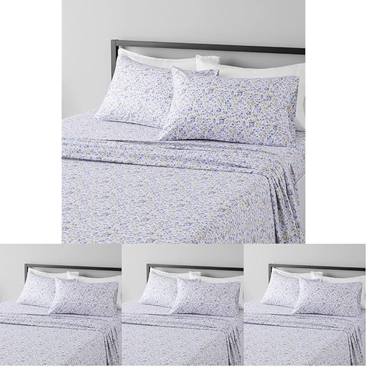 Amazon Basics Lightweight Super Soft Easy Care Microfiber 4 Piece Bed Sheet Set with 14-inch Deep Pockets,Queen,Blue Floral,Printed,(Pack of 4)