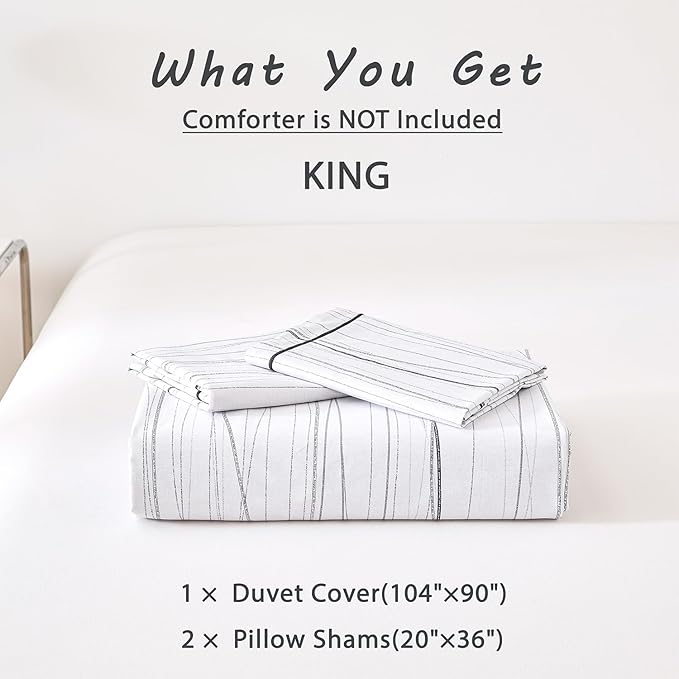 Modern Urban 100% Natural Cotton Duvet Cover Sets 3Pcs - Gray Artistic Lines Pattern on White with Textured Light-Gray Reverse, Minimalist Bedding Set with Button Closure(King,104"×90"