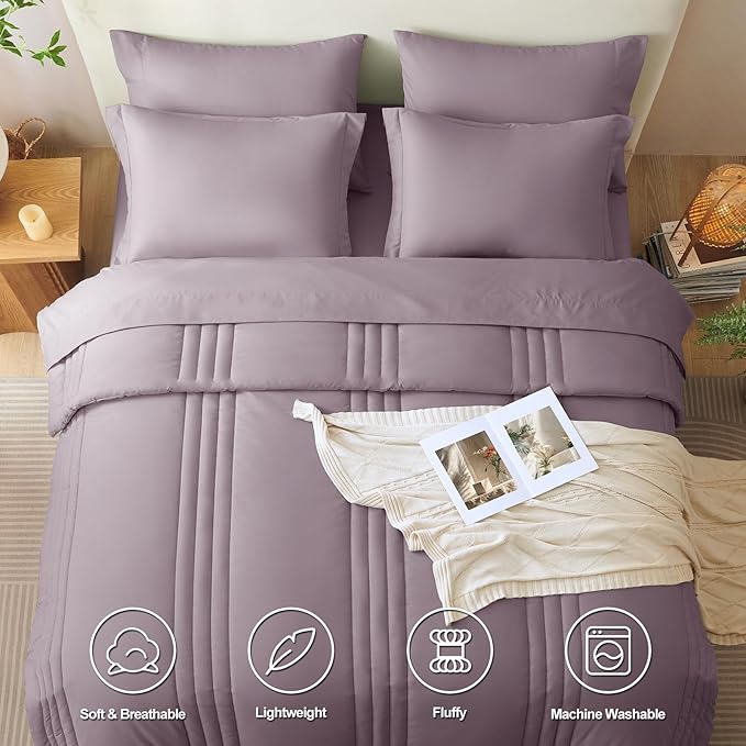 CozyLux King Comforter Set - 7 Pieces Bed in a Bag Dusty Purple Comforter Set with Sheets Luxury Bed Set All Seasons, Soft Bedding Set with Down Alternative Comforter, Sheets, Pillowcases & Shams