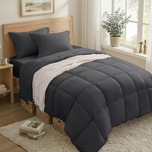 Anluoer Twin Size Bed in a Bag 5 Pieces, Dark Grey Bed Comforter Set with Sheets, All Season Bedding Sets with 1 Comforter, 1 Pillow Sham, 1 Pillowcase, 1 Flat Sheet, 1 Fitted Sheet