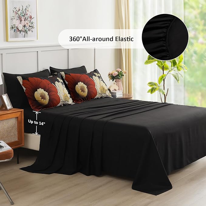 Xruibed Black Floral Comforter Set King Size 7 Pieces Bed in a Bag Flower Bedding Sets Lightweight Boho Bed Set with Sheet,Pillowcases&Shams for All Season