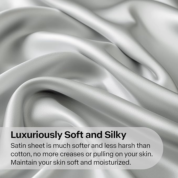 BEDELITE Satin Sheets Full Size Bed Set, Luxury Soft Grey Silky Sheets for Hair and Skin, Similar to Silk Bed Sheets Set 4 Pieces with 1 Deep Pocket Fitted Sheet, 1 Flat Sheet, and 2 Pillowcases