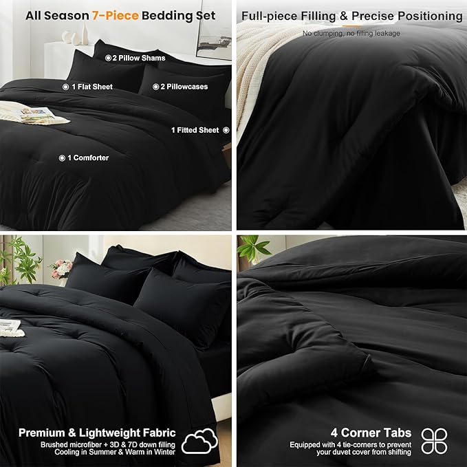 California King Comforter Set 7 Pieces - Ultra-Soft Bed in a Bag, Cozy Luxury All Season Bedding Sets with Comforter, Flat Sheet, Fitted Sheet, 2 Pillow Shams & 2 Pillowcases, Black