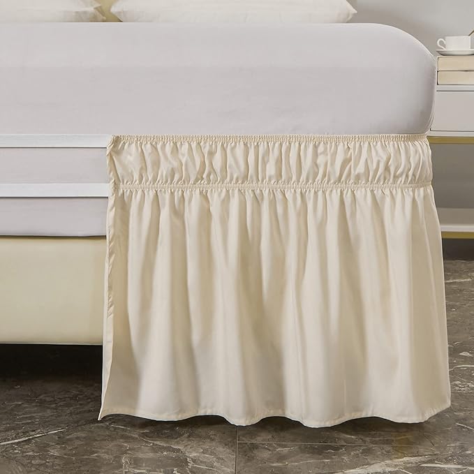 MEILA Wrap Around Bed Skirt Three Fabric Sides Elastic Dust Ruffled 18 Inch Tailored Drop,Easy to Install Fade Resistant-Beige, Queen/King