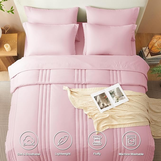 CozyLux Queen Comforter Set - 7 Pieces Bed in a Bag Pink Comforter Set with Sheets Luxury Bed Set All Seasons, Soft Bedding Set with Down Alternative Comforter, Sheets, Pillowcases & Shams