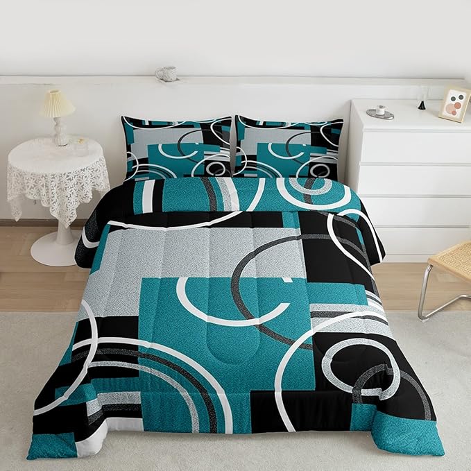 Modern Turquoise Decor Comforter King Geometric Circles Gird Bedding Set For Boys Girls Kids Teens Adult Black Grey Down Comforter Stripe Swirls Duvet Set Modern Graphic Texture Quilted Comforter