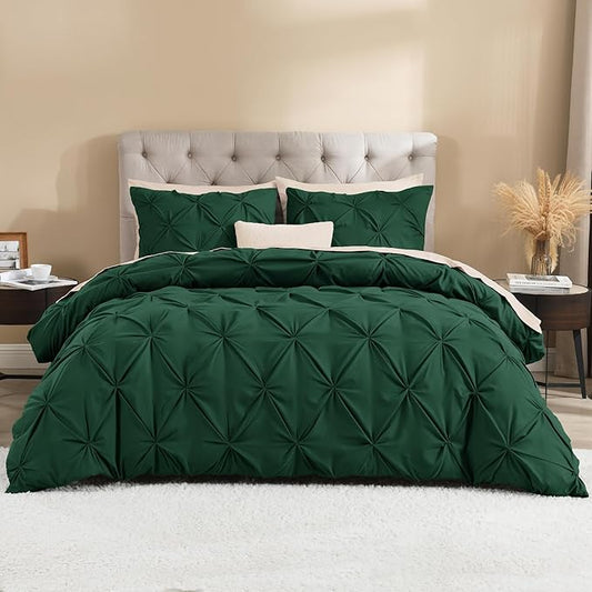 Litanika Emerald Pinch Pleat Duvet Cover Queen, 3 Pieces Pintuck Soft Microfiber Bedding Set with Zipper Closure & Corner Ties(90x90Inch-1 Duvet Cover, 2 Pillowcases)