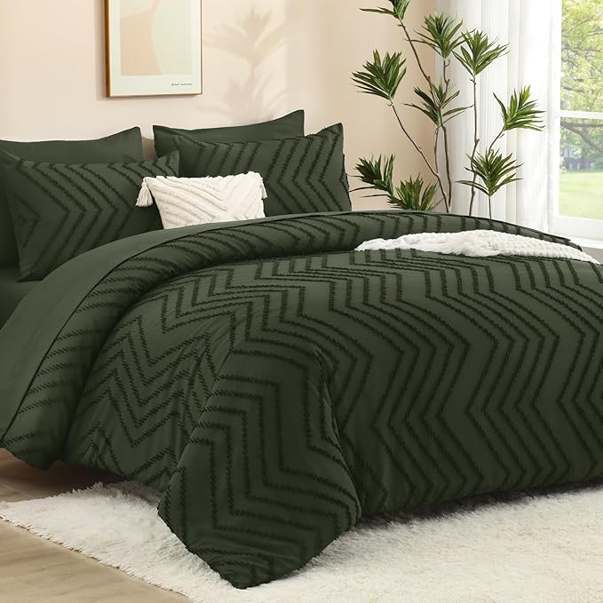 Litanika Super King Size Comforter Set with Sheets Olive Green - 7 Pieces Bed in a Bag Oversized King Boho Tufted Complete Bedding Sets with Comforter, Sheets, Pillowcases & Shams