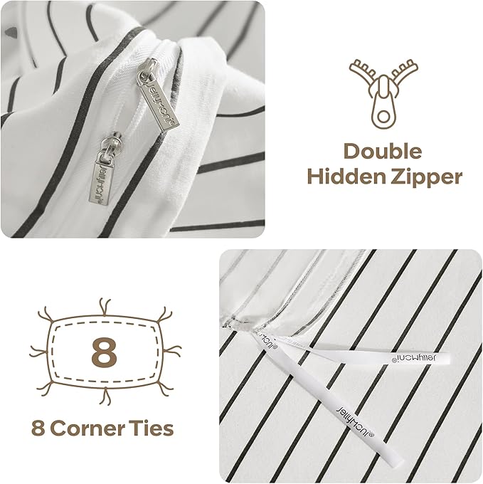 JELLYMONI 100% Natural Cotton 2pcs Striped Duvet Cover Sets, White Duvet Cover with Thin Black Stripes Pattern Printed Comforter Cover, with Zipper Closure & Corner Ties(Twin Size)