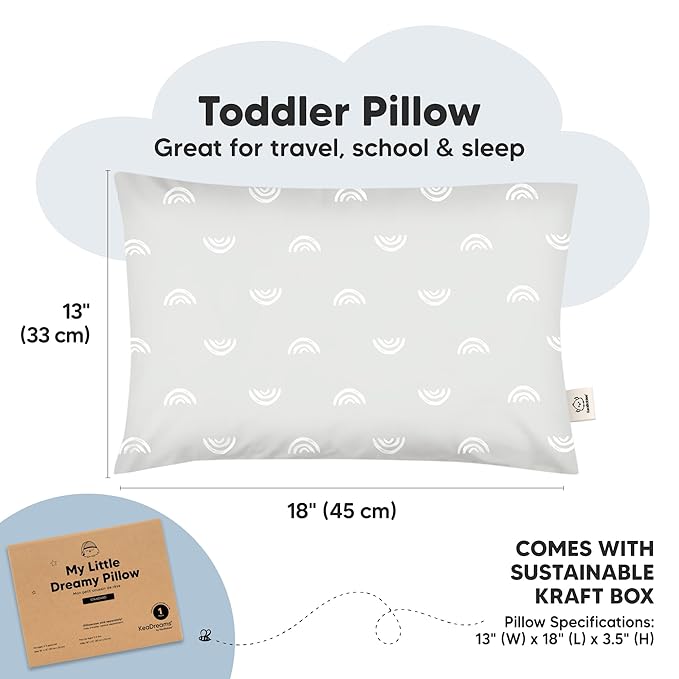 KeaBabies 1-Pack Toddler Pillows 2 Year Old to 5-13x18 Soft Organic Cotton Kids Pillow for Sleeping, Travel, School, Daycare, Nap, Toddler Bed, Machine Washable, Without Pillowcase (Gray Rainbow)