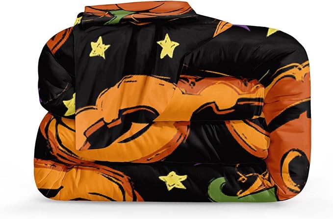Bedbay Pumpkin Halloween Comforter Set Queen Size Black and Gold Bedding Set Cartoon Pumpkin Festival Themed 4 Pcs Comforter Set Halloween Decorations (Orange,Queen)