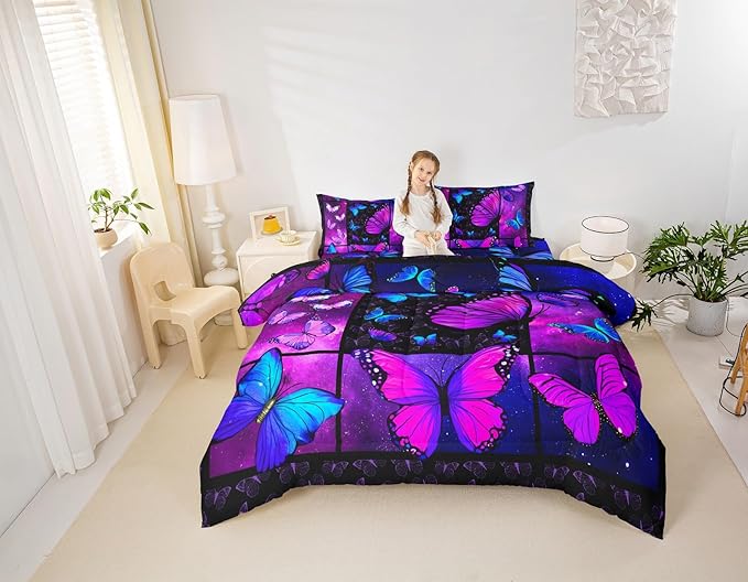 Erosebridal Butterfly Comforter Set Starry Sky Galaxy Comforter Blue Purple Butterfly Bedding Sets Twin for Kids Girls Teens Women Bed,Aesthetics Butterflies Quilt Duvet Set 1 Pillow Case Room Decor