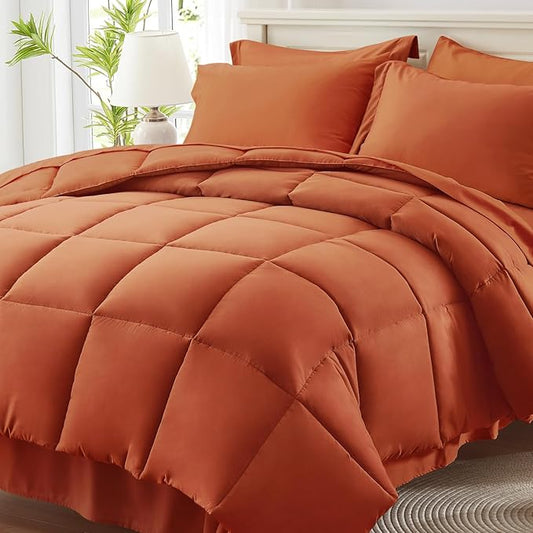 Anluoer Full Size Bed in a Bag 7 Pieces, Burnt Orange Bed Comforter Set with Sheets, All Season Bedding Sets with 1 Comforter,2 Pillow Shams,2 Pillowcases, 1 Flat Sheet,1 Fitted Sheet