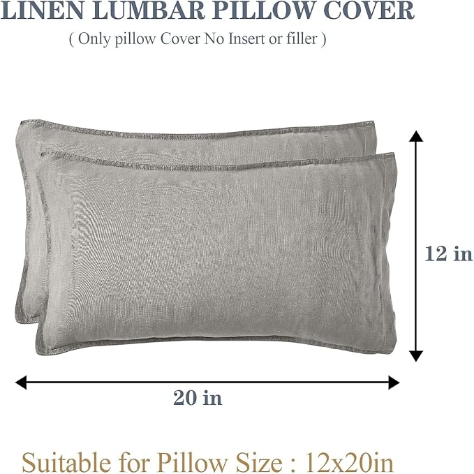 Simple&Opulence 100% Linen Lumbar Pillow Cover 12 x 20 Inches Set of 2 Rectangular Decorative Throw Cushion Cover for Couch Sofa Bed Living Room Office Soft Breathable Farmhouse - Light Grey