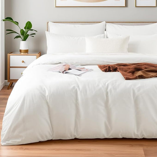 NEXHOME PRO Duvet Cover Set Super King 108"x98" Linen Look Textured Cream White Organic Natural 100% Washed Cotton Duvet Cover 3 Pieces Bedding Set with Zipper Closure, Breathable (No Comforter)