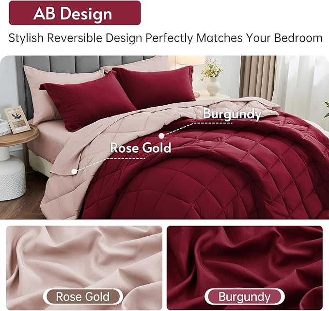 MUXHOMO 5 Pieces Twin Comforter Set, Reversible Bed in a Bag Twin Size, All Season Bedding Set with Comforter, Flat Sheet, Fitted Sheet, Pillowcases & Shams, Burgundy & Rose Gold