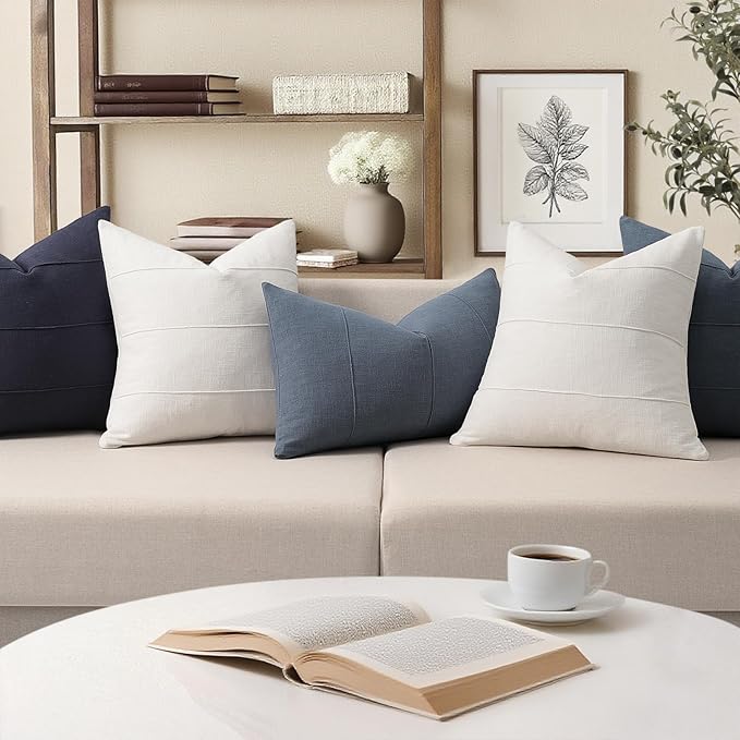 Decorative Linen Throw Pillow Covers 24x24 Set of 2 Solid handcrafted Striped Cushion Covers for Bed Soft Modern Farmhouse Neutral Pillowcase for Couch Bedroom Living Room Home Decor(Cream White)
