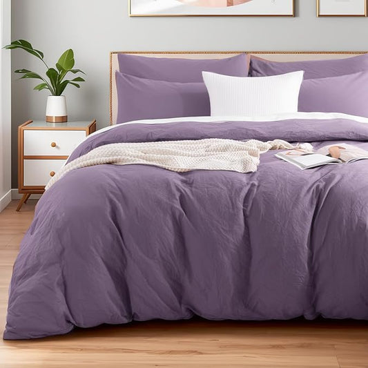 NEXHOME PRO Twin Duvet Cover Set, 100% Washed Cotton with Linen-Like Texture, Natural Organic, Breathable & Comfortable, Includes Home Bedding Set Dusty Purple (No Comforter) 6890