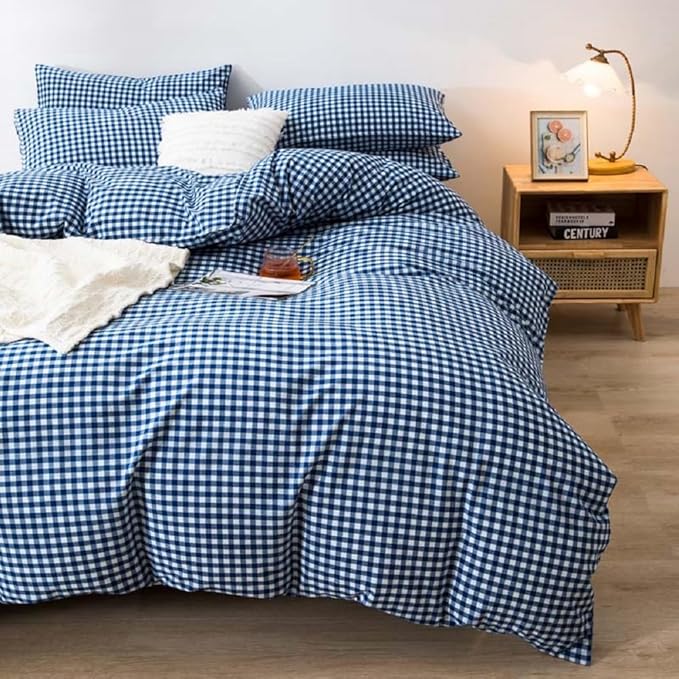 LifeTB Royal Blue Gingham Duvet Cover Twin 100% Washed Cotton Dark Blue Checked Duvet Cover 3 Piece Modern Plaid Grid Bedding Set Soft Comfy Checkered Comforter Cover Breathable Gingham Bedding Set
